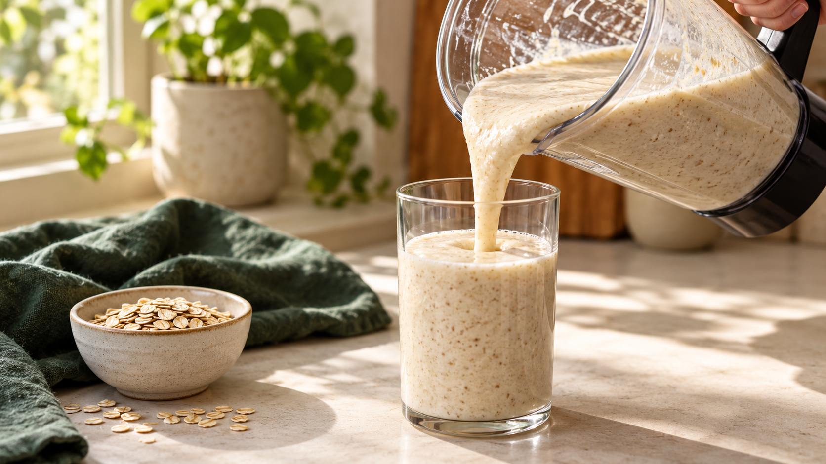 Creamy oat smoothie being poured from a blender jug into a clear glass beside rolled oats.