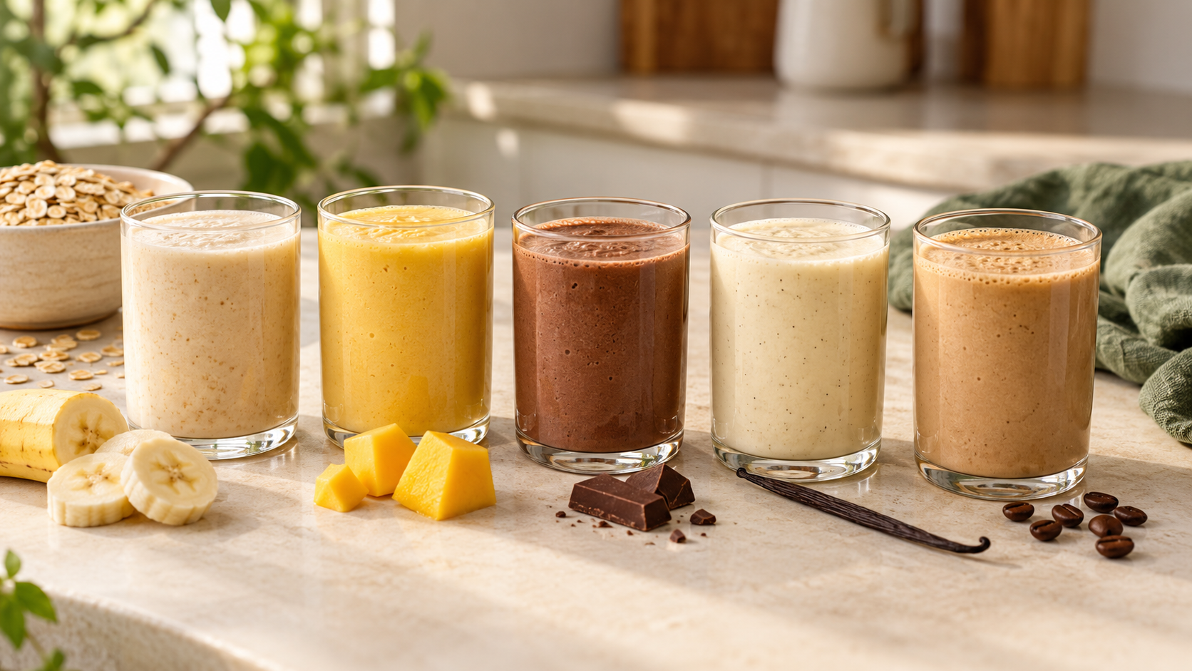 Five oat smoothie flavour concepts with banana, mango, chocolate, vanilla and coffee ingredient cues.
