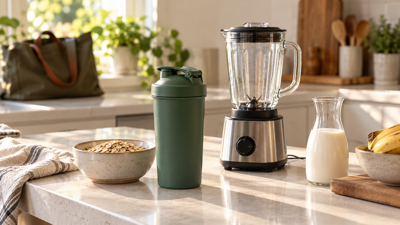 A green shaker and countertop blender beside milk and rolled oats, with a work bag in the background.